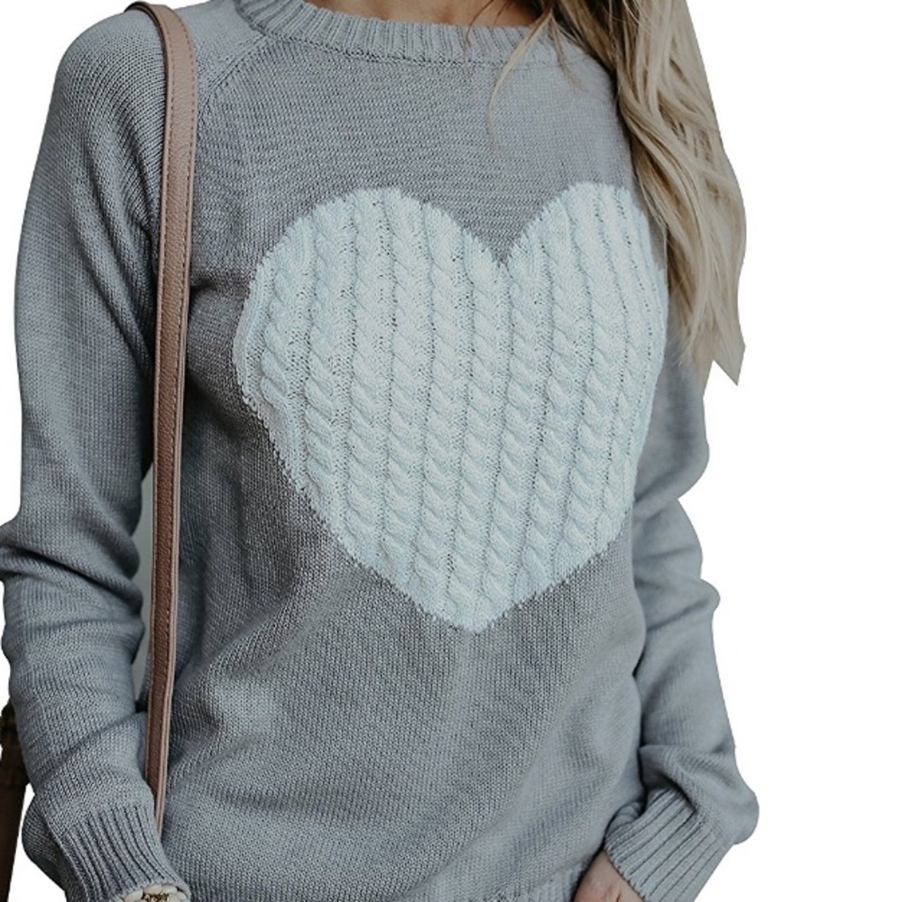 Grey LS White Heart Sweater